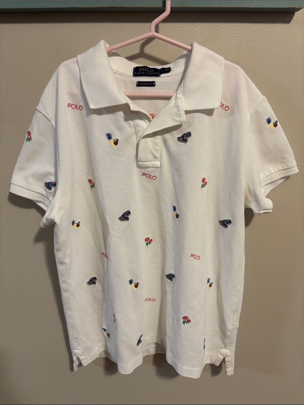 Polo Ralph Lauren Womens Small White All Over Multi Motif Embroidered Polo Shirt
